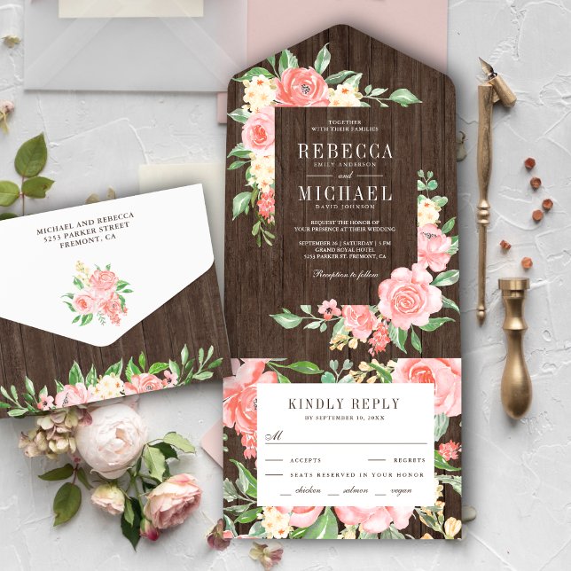 Blush Pink Floral Rose Garden Rustic Wood Wedding All In One Invitation (Creator Uploaded)