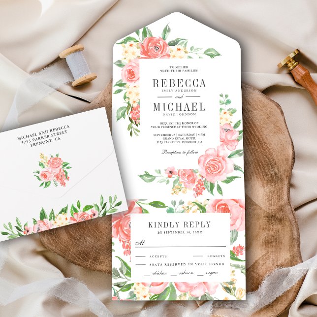 Blush Pink Floral Rose Garden Wedding All In One Invitation (Creator Uploaded)