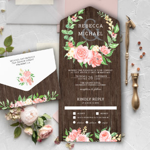 Blush Pink Floral Rose Garland Rustic Wood Wedding All In One Invitation