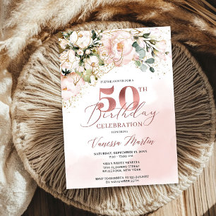 Blush pink floral rose gold boho 50th birthday invitation