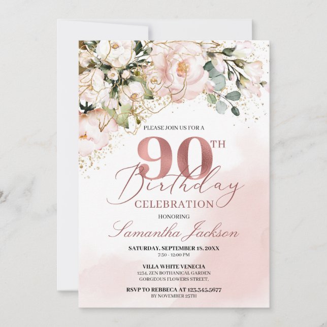 Blush pink floral rose gold boho 90th birthday invitation (Front)