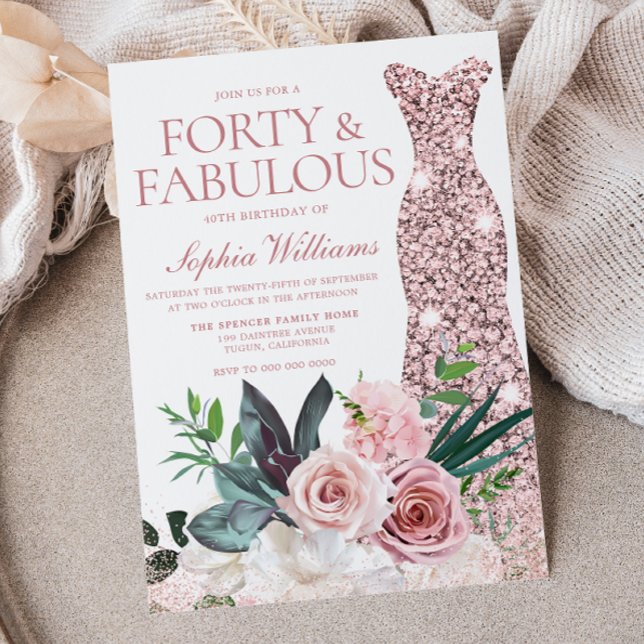 Blush Pink Floral Rose Gold Dress 40th Birthday Invitation (Creator Uploaded)