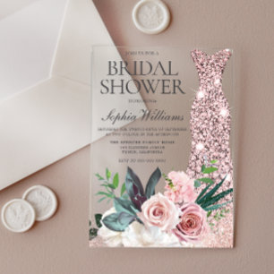 Blush Pink Floral Rose Gold Dress Bridal Shower Acrylic Invitations