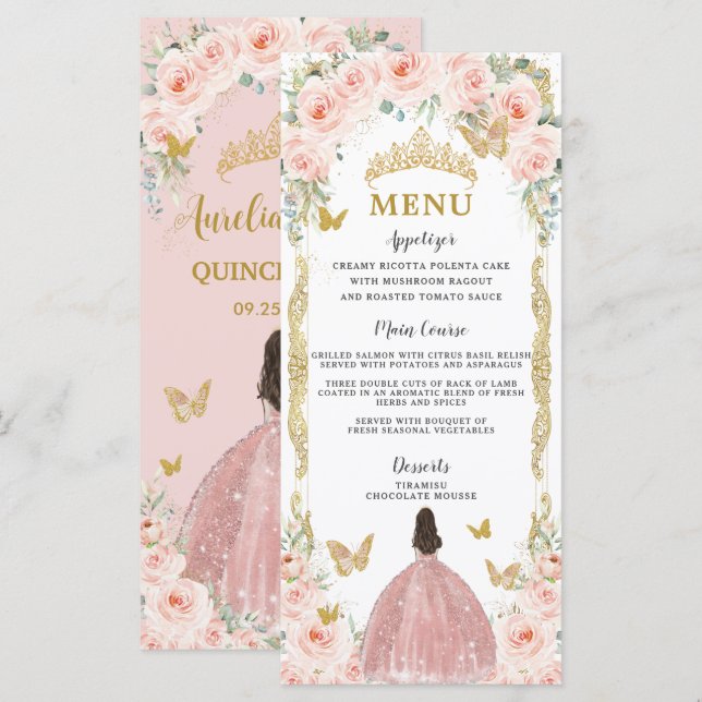 Blush Pink Floral Rose Gold Dress Quinceañera Menu (Front/Back)
