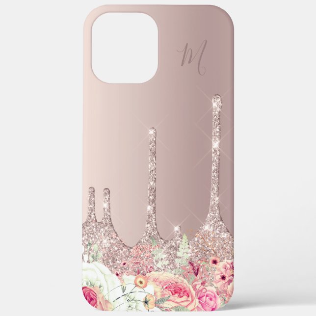 Blush pink floral rose gold glitter drips monogram Case-Mate iPhone case (Back)
