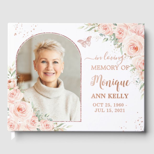 Blush Pink Floral Rose Gold Memorial Funeral Photo Guest Book (Front)