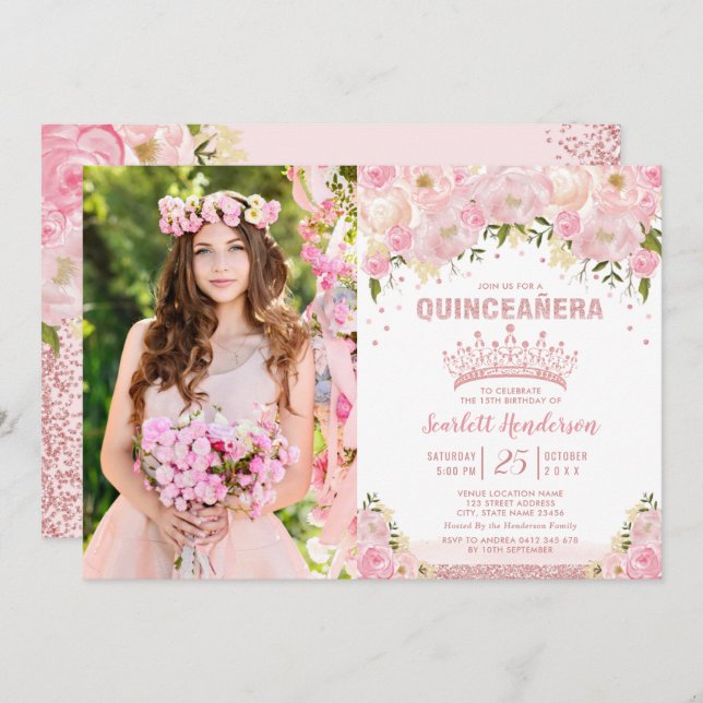 Blush Pink Floral Rose Gold Quinceañera Birthday Invitation (Front/Back)