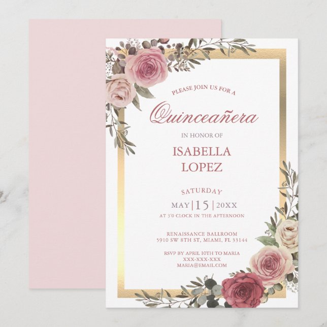 Blush Pink Floral Rose Gold  Quinceañera Invitation (Front/Back)
