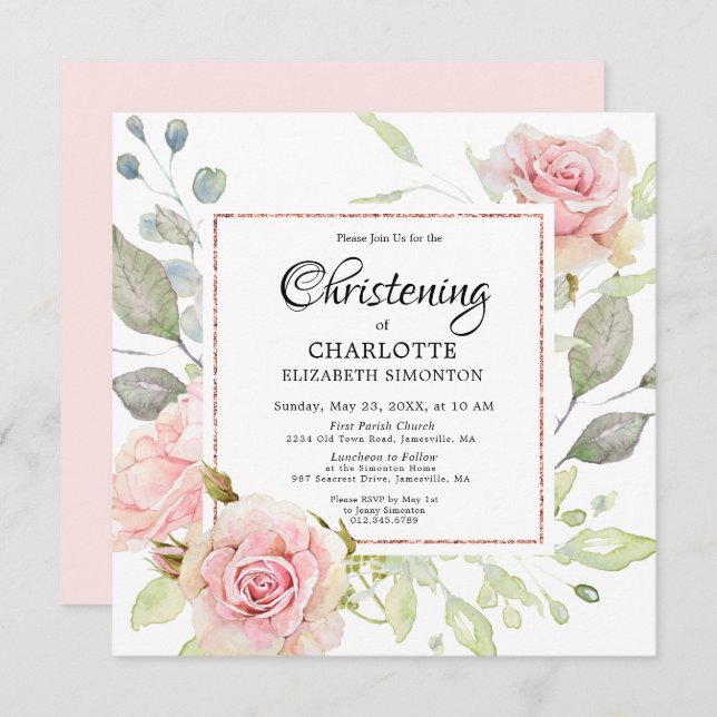 Blush Pink Floral Rose Gold Square Christening Invitation (Front/Back)