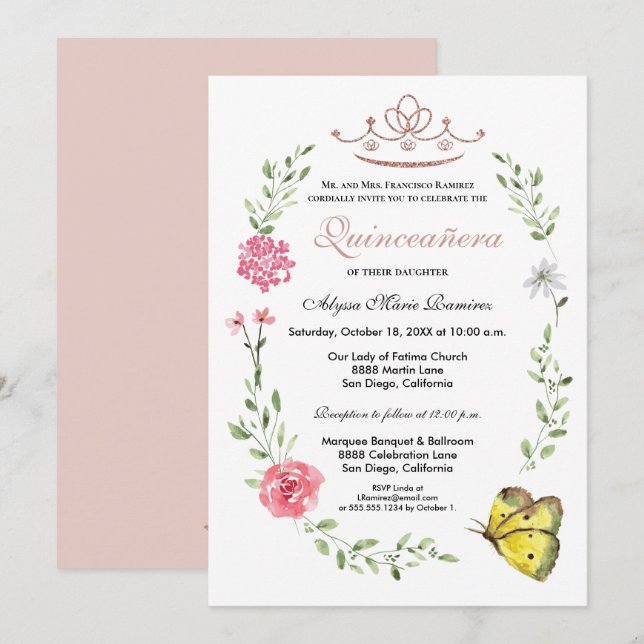Blush Pink Floral Rose gold Tiara Quinceanera Invitation (Front/Back)
