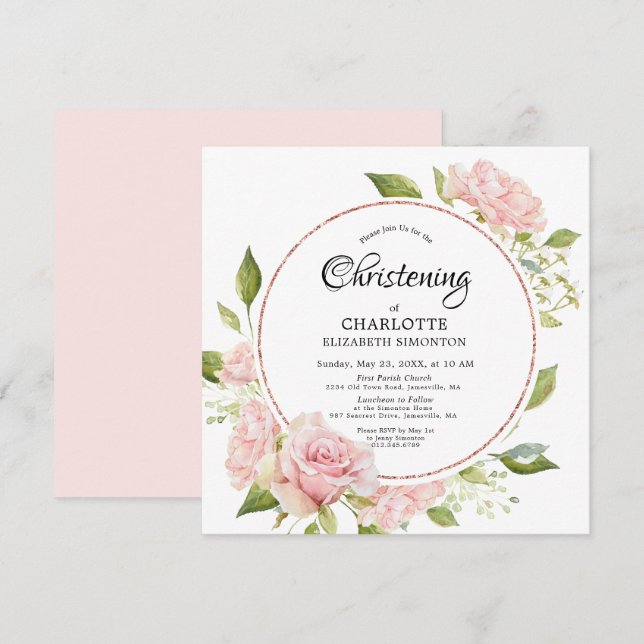 Blush Pink Floral Rose Gold Watercolor Christening Invitation (Front/Back)
