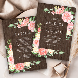 Blush Pink Floral Roses All in One Wood Wedding Invitation