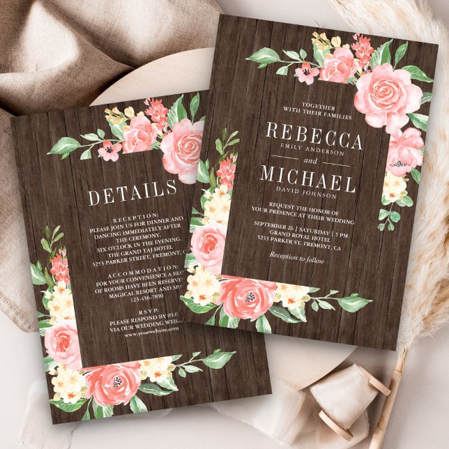 Blush Pink Floral Roses All in One Wood Wedding Invitation (Creator Uploaded)