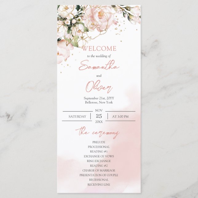Blush Pink Floral Roses Boho Wedding Ceremony Programme (Front)