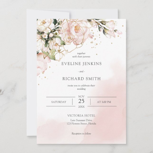 Blush Pink Floral Roses Boho Wedding Invitation (Front)