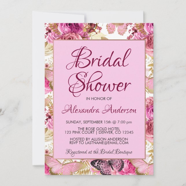 Blush Pink Floral Roses Bridal Shower Monogram Invitation (Front)