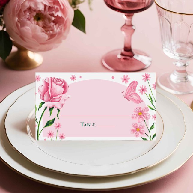 Blush Pink Floral Roses & Butterfly Quinceañera  Place Card (Blush Pink Floral Roses & Butterfly Quinceañera Place Card)