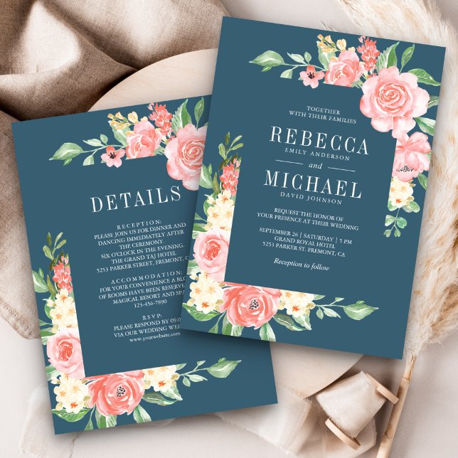 Blush Pink Floral Roses Dusty Blue Wedding Invitation (Creator Uploaded)