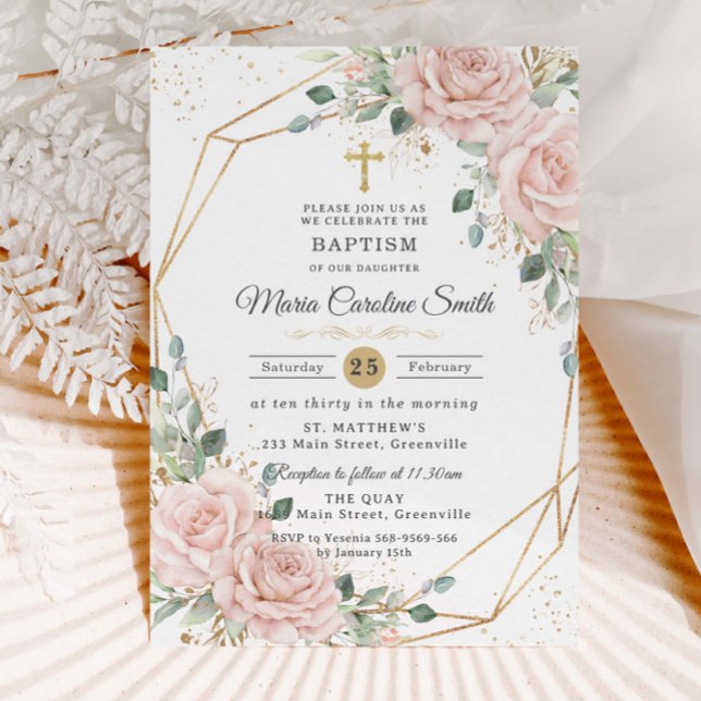 Blush Pink Floral Roses Gold Cross Baptism  Invitation (Creator Uploaded)