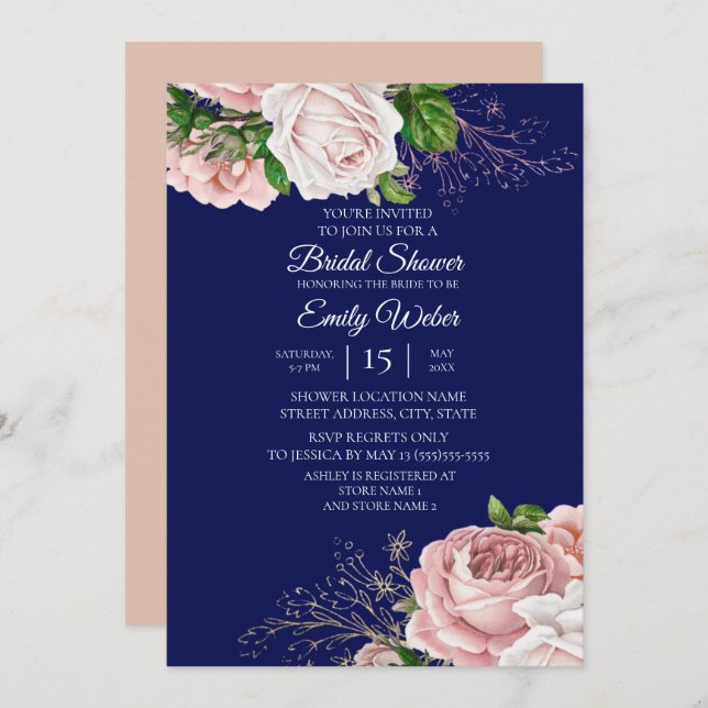 Blush Pink Floral Roses Navy Blue Bridal Shower Invitation (Front/Back)
