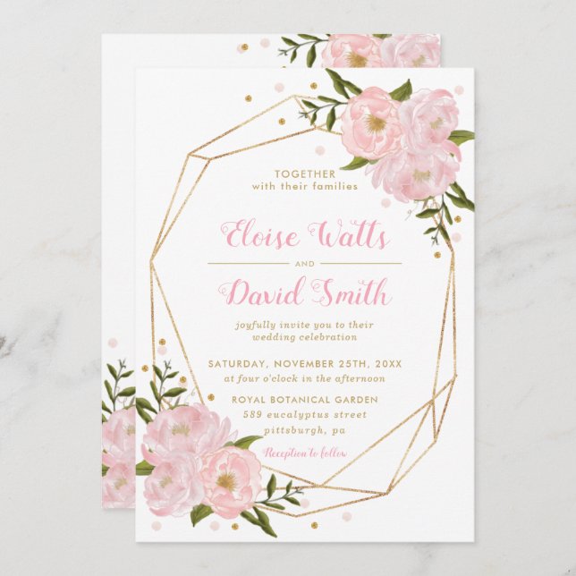 Blush Pink Floral Roses Peonies Geometric Wedding Invitation (Front/Back)