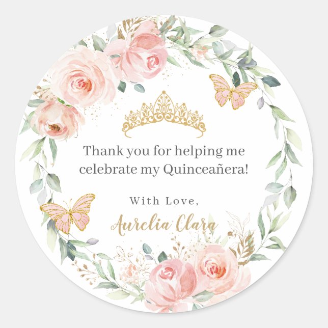 Blush Pink Floral Roses Quinceañera 16th Birthday  Classic Round Sticker (Front)