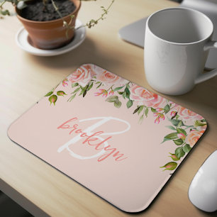 Blush Pink Floral Roses Script Monogram  Mouse Pad