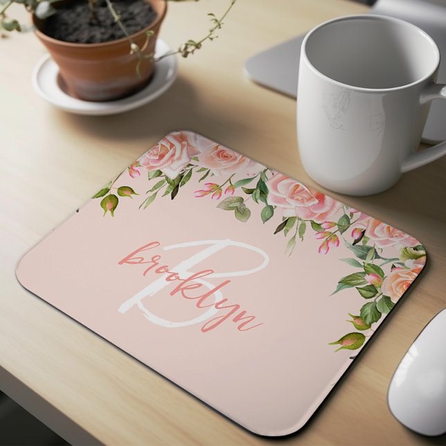 Blush Pink Floral Roses Script Monogram  Mouse Pad (Creator Uploaded)