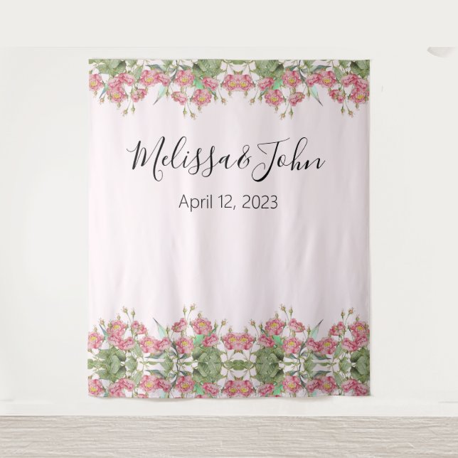 Blush Pink Floral Roses Wedding Backdrop Tapestry (Front)