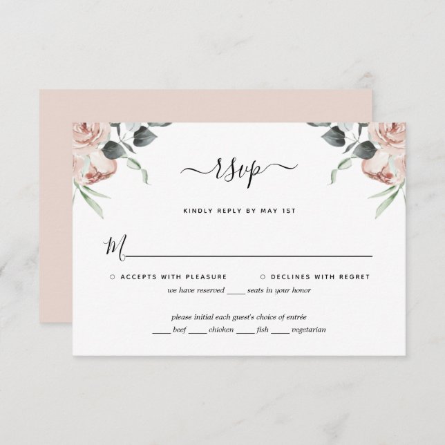 Blush Pink Floral Roses Wedding RSVP Card (Front/Back)
