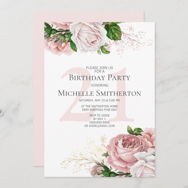 Blush Pink Floral Roses White 21st Birthday Invitation (Front/Back)