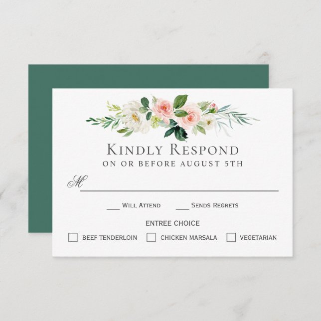 Blush Pink Floral RSVP Card with Entree Choices (Front/Back)