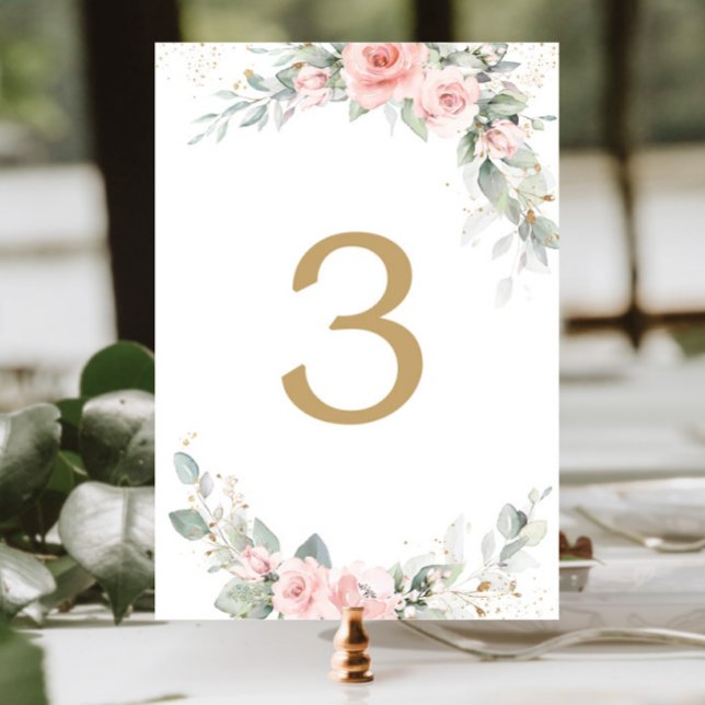 Blush Pink Floral Sage Gold Wedding Bridal Shower Table Number (Creator Uploaded)