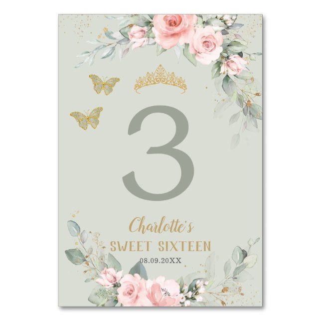 Blush Pink Floral Sage Green Butterflies Sweet 16  Table Number (Front)