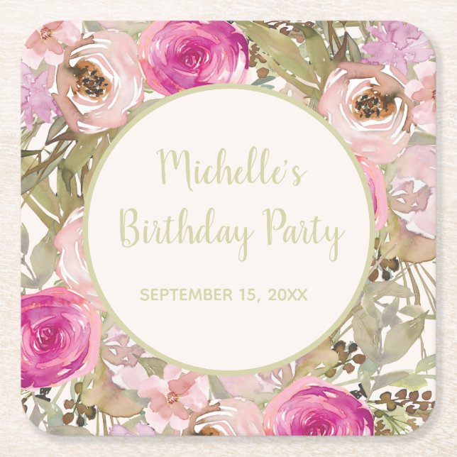 Blush Pink Floral Sage Green Leaves Birthday Square Paper Coaster (Front)