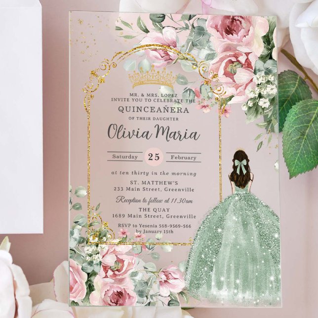 Blush Pink Floral Sage Green Quinceañera Sweet 16 Acrylic Invitations (Creator Uploaded)