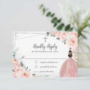 Blush Pink Floral Silver Baptism Christening Girl RSVP Card