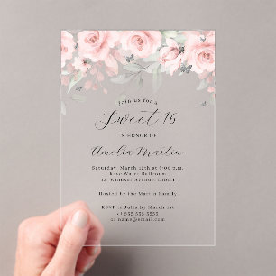 Blush Pink Floral Silver Butterfly Sweet 16  Acrylic Invitations