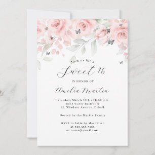 Blush Pink Floral Silver Butterfly Sweet 16  Invitation