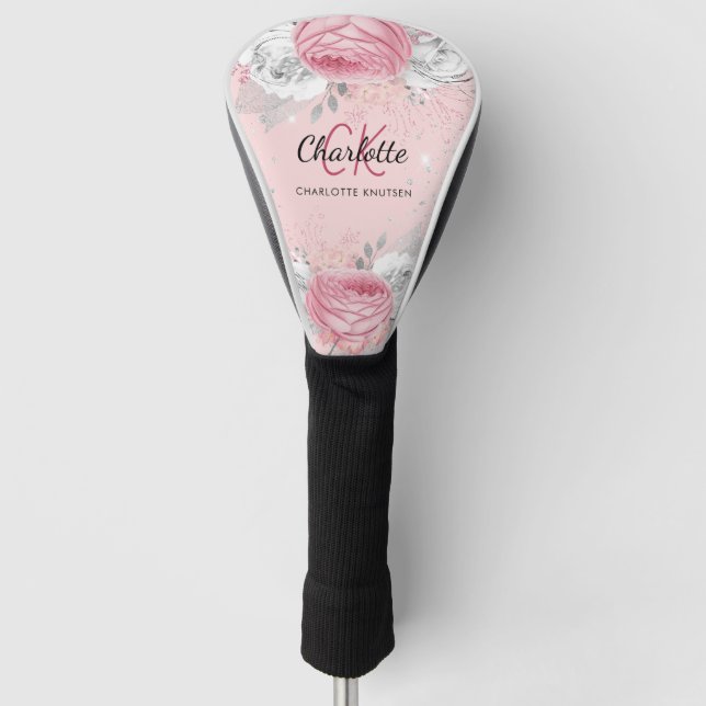 Blush pink floral silver foliage monogram script golf head cover (Front)