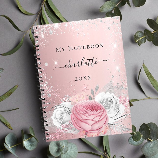 Blush pink floral silver glitter dust name script  notebook (Creator Uploaded)