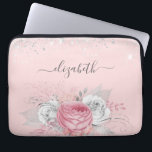 Blush pink floral silver glitter name laptop sleeve<br><div class="desc">A chic blush pink background with pink and white florals, silver foliage and faux glitter dust. Personalise and add your name. The name is written with a modern hand lettered style script with swashes. To keep the swashes only delete the sample name, leave the spaces or emoji's in front and...</div>