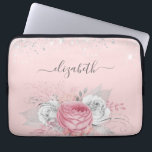 Blush pink floral silver glitter name laptop sleeve<br><div class="desc">A chic blush pink background with pink and white florals, silver foliage and faux glitter dust. Personalise and add your name. The name is written with a modern hand lettered style script with swashes. To keep the swashes only delete the sample name, leave the spaces or emoji's in front and...</div>