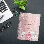 Blush pink floral silver glitter name script 2024 planner<br><div class="desc">A blush pink faux metallic looking background with pink florals, silver foliage and faux silver glitter dust. Personalise and add your name, title and year. The name is written with a modern hand lettered style script with swashes. To keep the swashes only delete the sample name, leave the spaces or...</div>