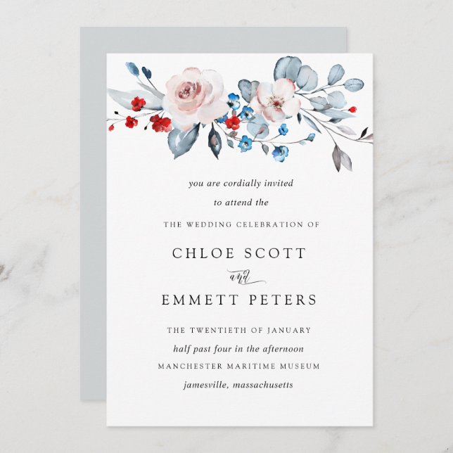 Blush Pink Floral Soft Blue a Dash of Red Wedding Invitation (Front/Back)