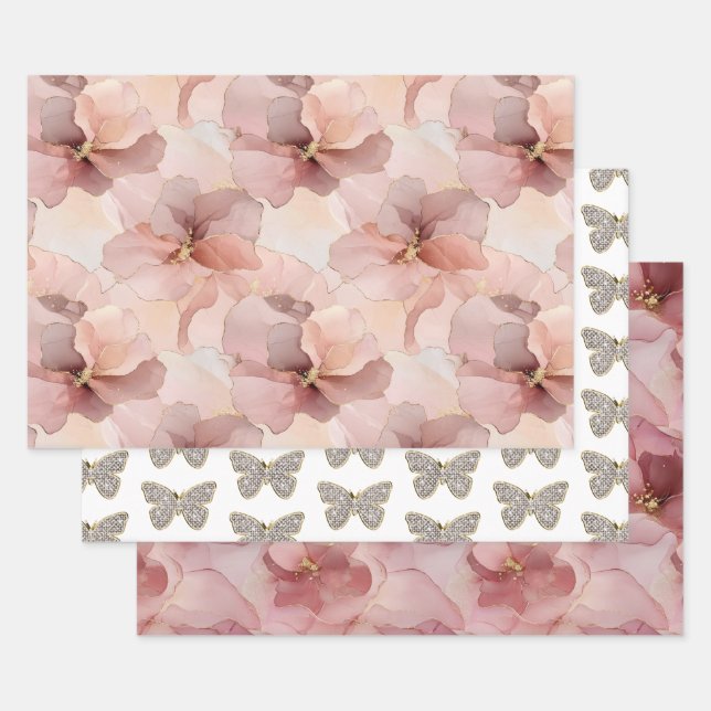 Blush Pink Floral Sparkle Butterfly Birthday Wrapping Paper Sheet (Set)
