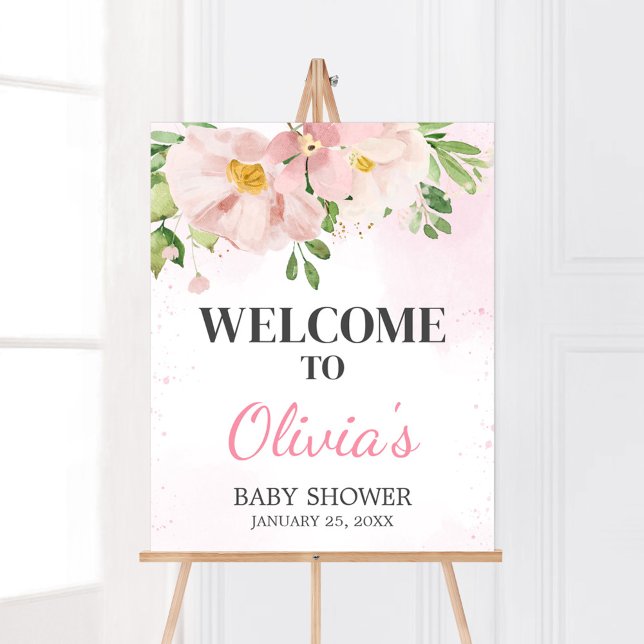 Blush Pink Floral Spring Baby Shower Welcome Poster (Blush Pink Spring Floral Baby Shower Welcome Sign)