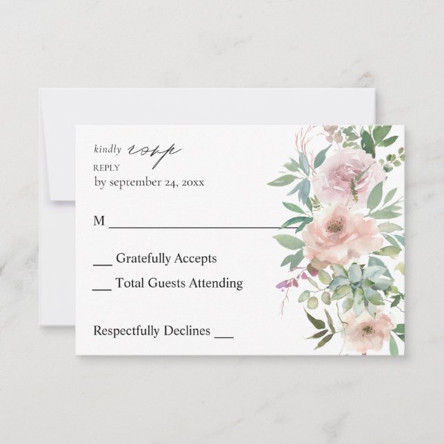 Blush Pink Floral & Succulent no Meal RSVP Card (Front)