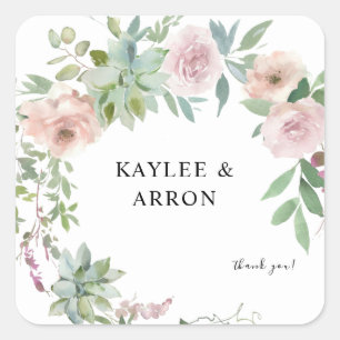 Blush Pink Floral & Succulent Thank You 2 Square Sticker