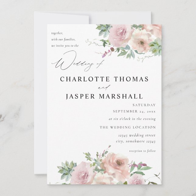 Blush Pink Floral & Succulent Wedding Invitation (Front)